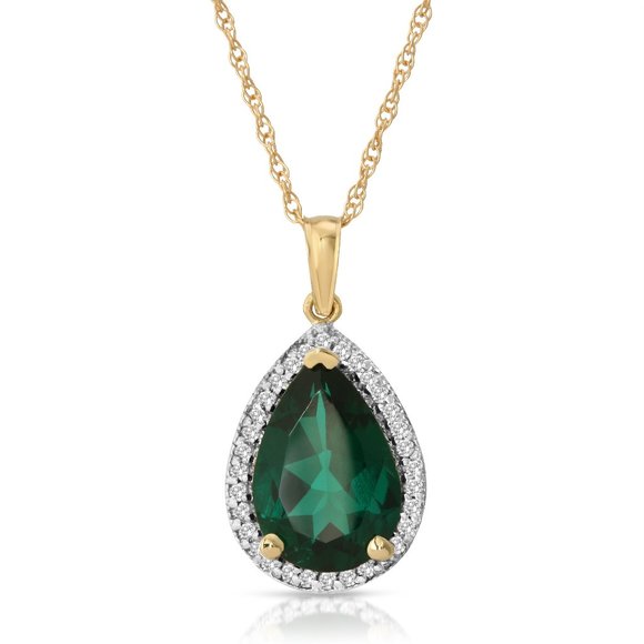 14K. GOLD NECKLACE WITH NATURAL DIAMONDS & LAB. CREATED EMERALD (Yellow Gold) - Picture 3 of 6